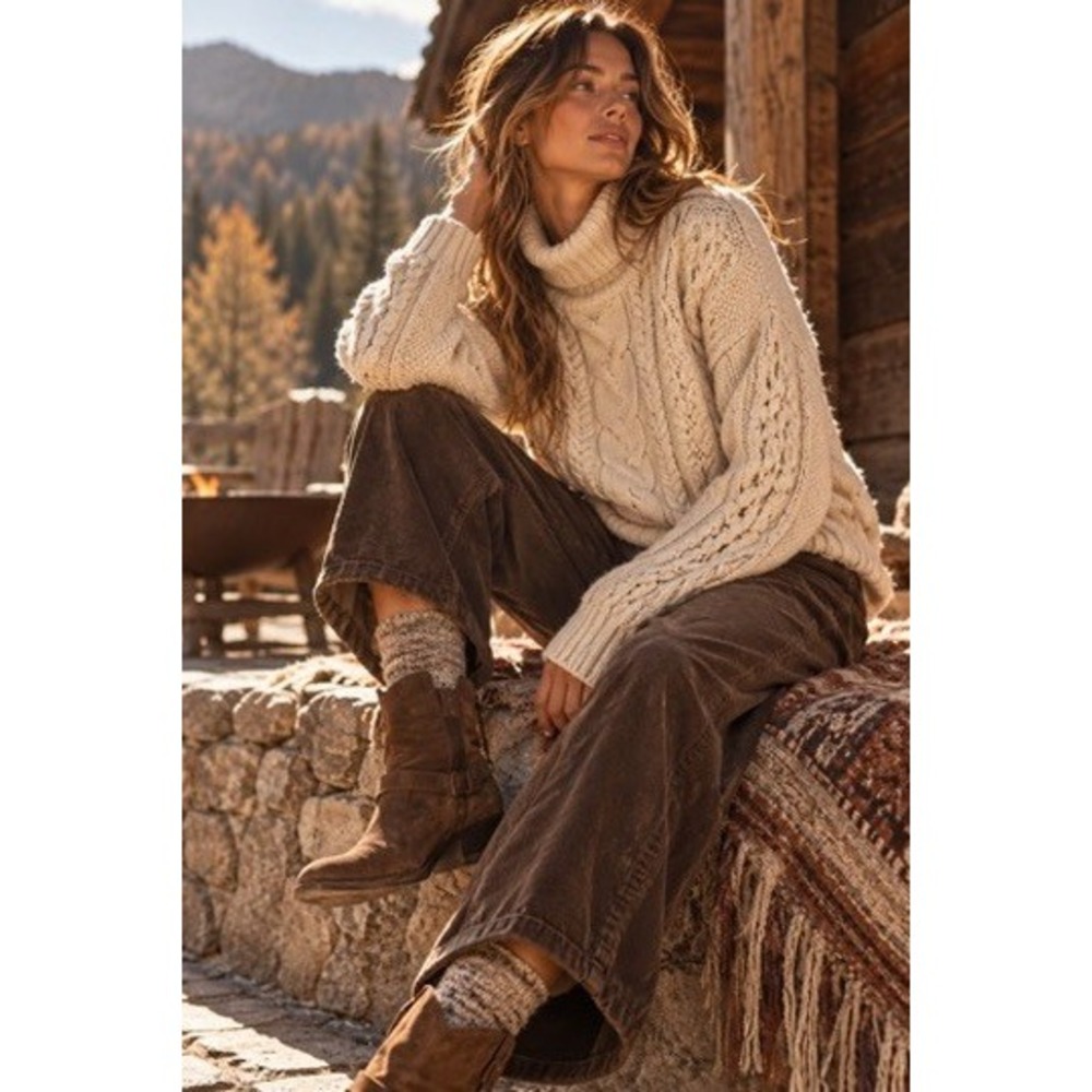 Gap Womens M Chino Beige 100% Cotton Cable Knit Cropped Turtleneck Sweater